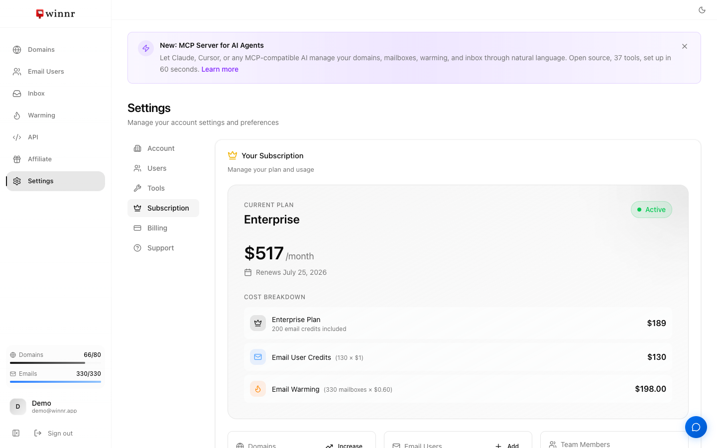 Winnr subscription page showing the Enterprise plan with a per-line cost breakdown