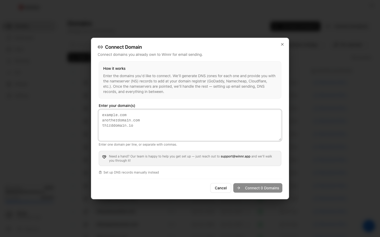 Connect Domain dialog explaining that Winnr generates DNS zones and provides nameserver records to add at your registrar