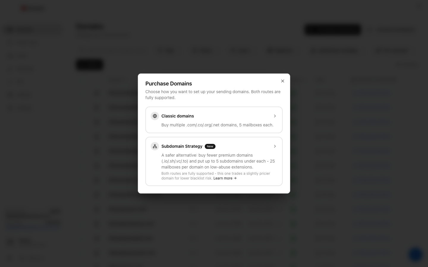 Purchase Domains dialog showing the Classic domains and Subdomain Strategy options