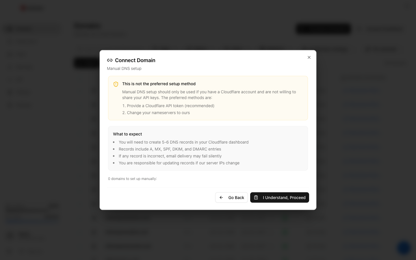 Connect Domain screen showing the preferred setup methods — Cloudflare API token or changing nameservers — with manual DNS as a fallback