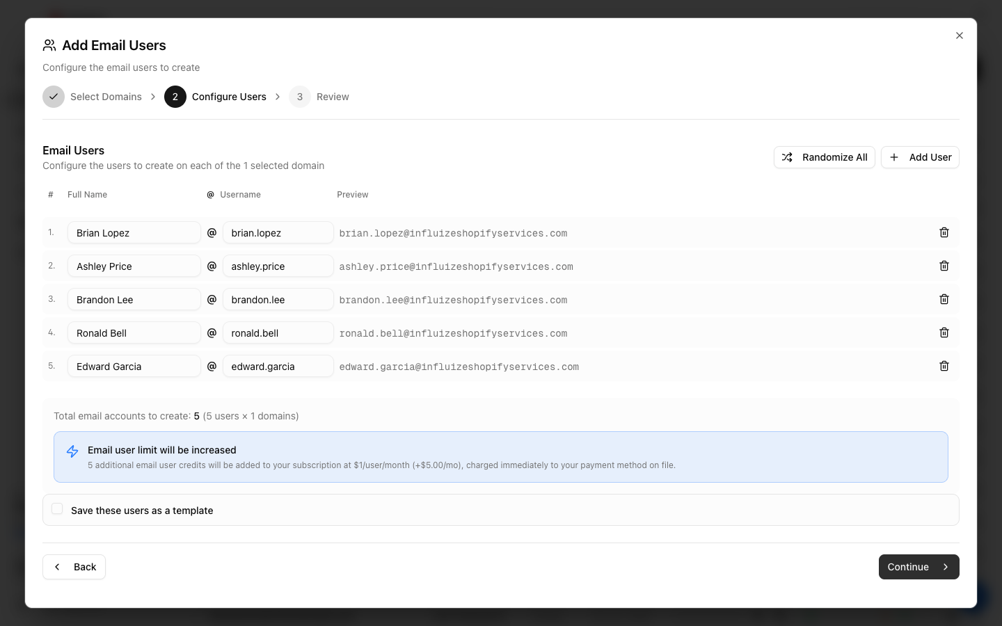 Configure Users step showing full-name and username fields with a live email-address preview and the per-mailbox credit cost