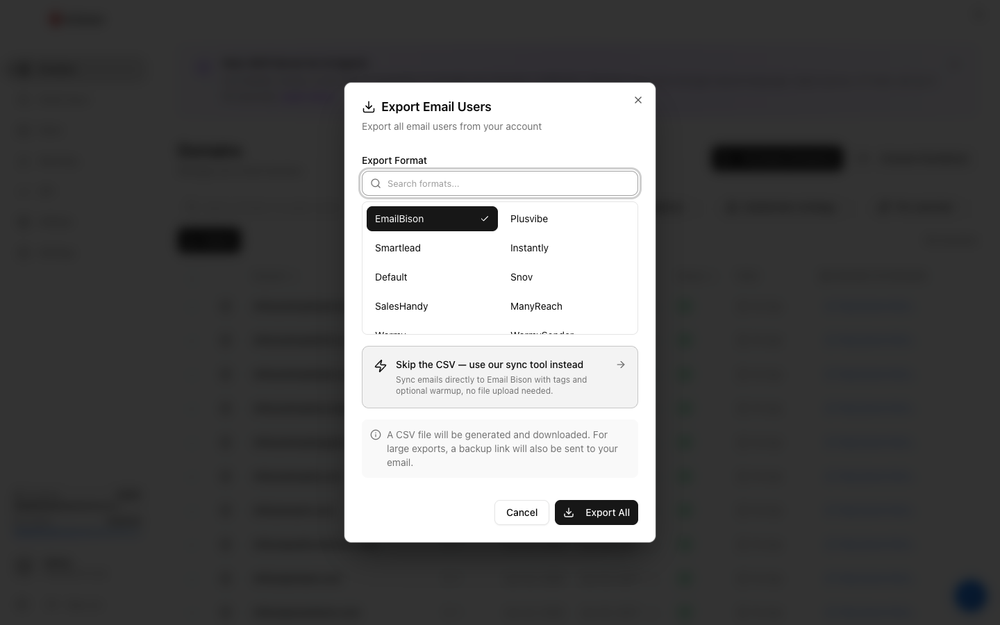 Export Email Users dialog with sending-tool format options and a direct-sync shortcut